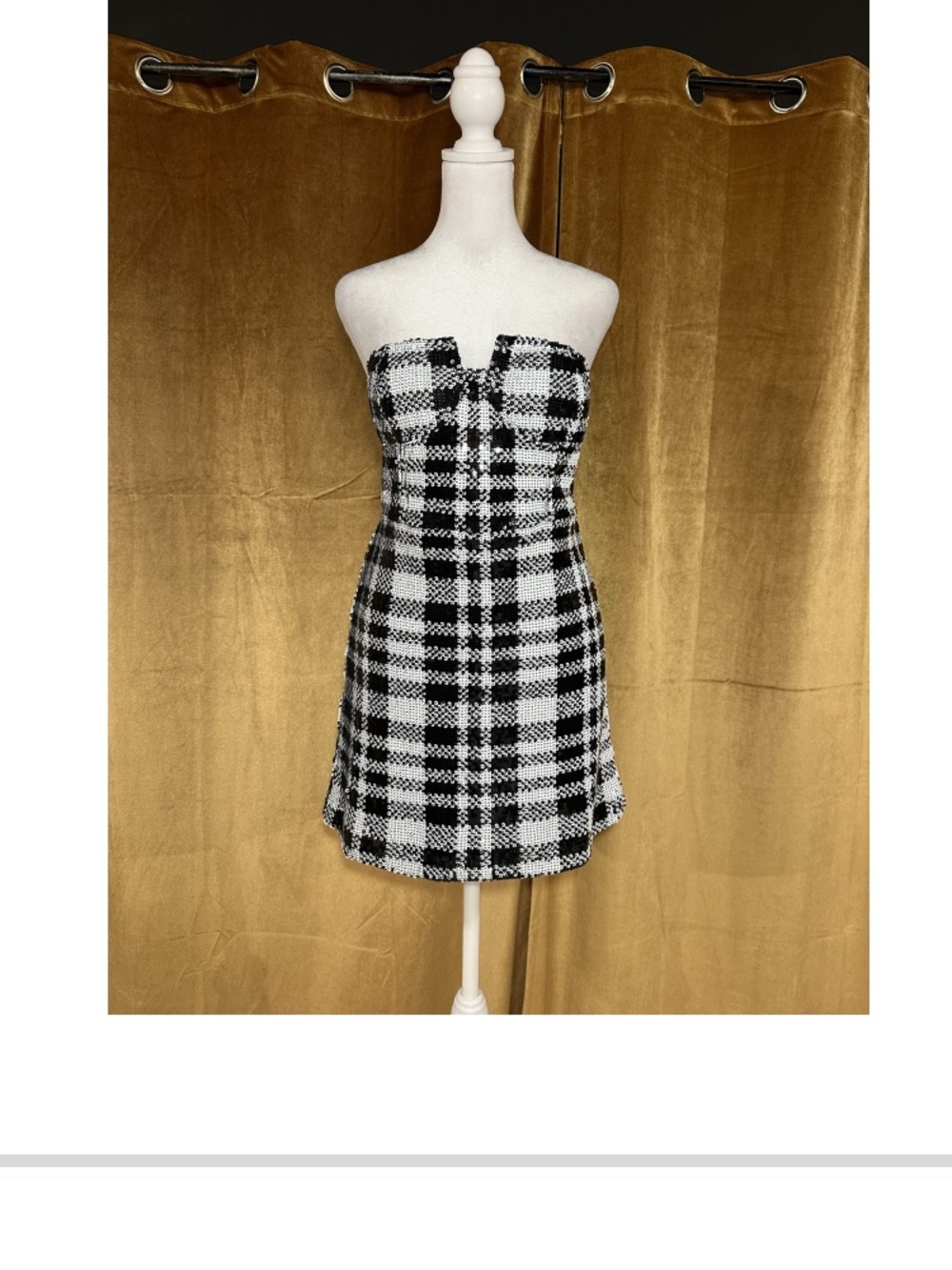 Steve Madden Black and White Plaid Strapless Mini Dress